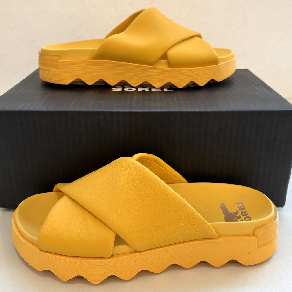 Sorel Viibe Crisscross Slide Sandals Leather Slip On Yellow Ray Sizes 9 NEW - Picture 2 of 7